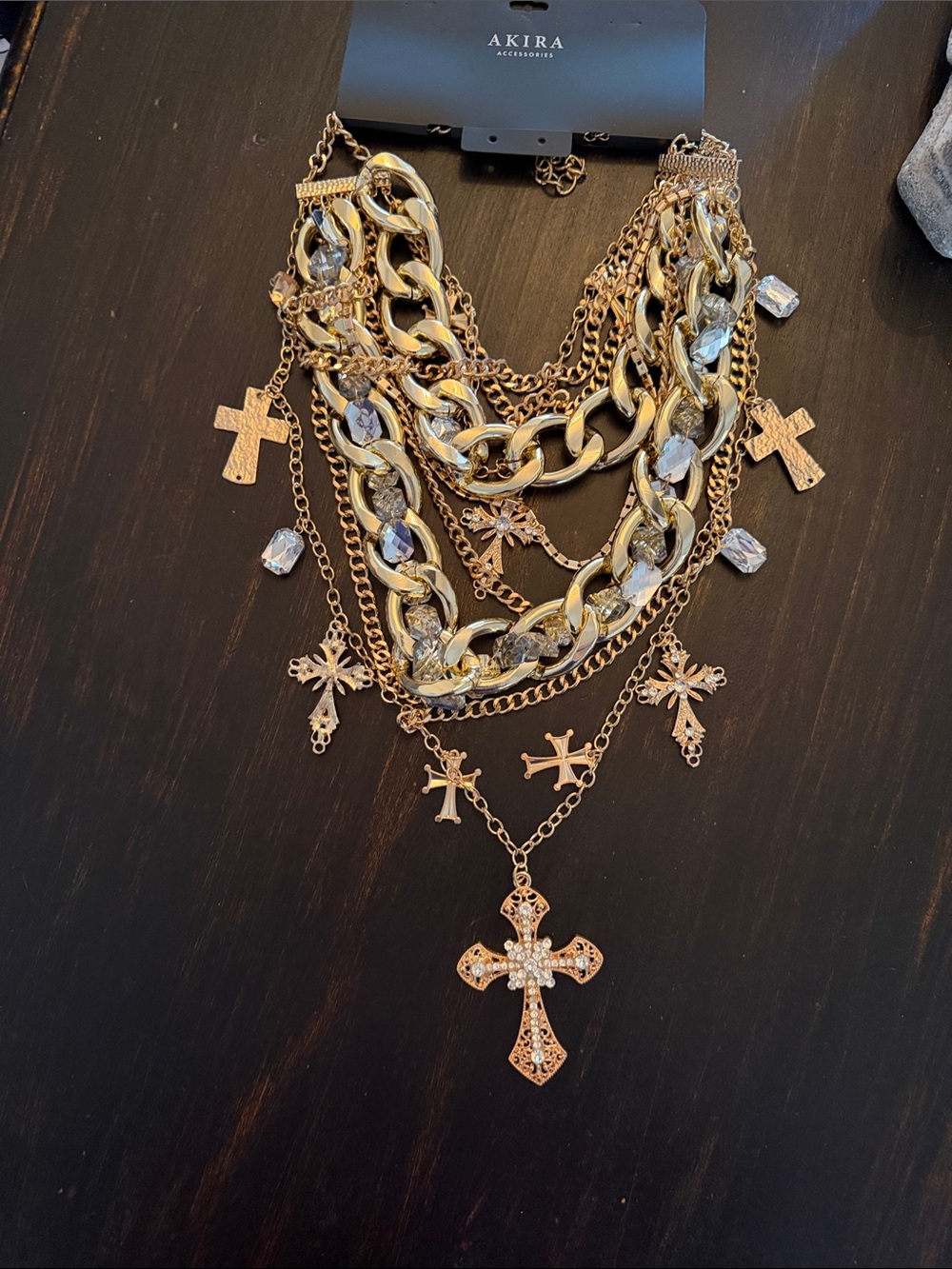 AKIRA Gold Layered Cross & Crystal Statement Necklace